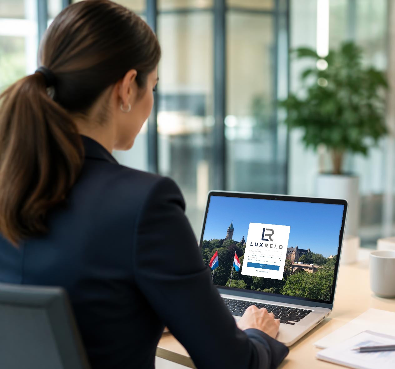 An HR manager looks at the Relocation Online portal on her laptop